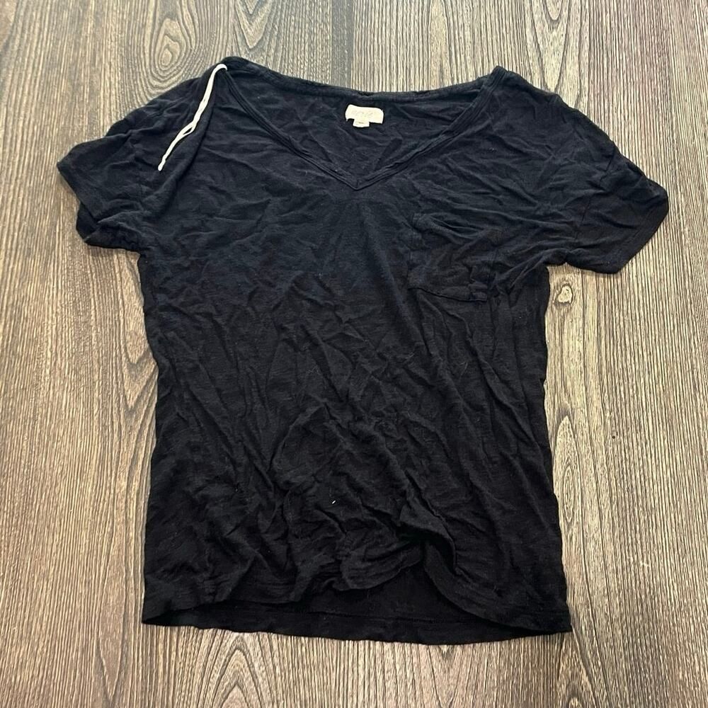 Aerie Womens V-Neck Top Short Sleeve Pullover Viscose Rayon Blend Black Size M